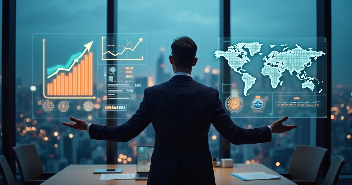 Empresário brasileiro observando painel digital com mercado global e concorrência de app estrangeiro 