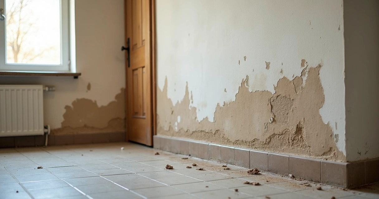 Rodapé com manchas de umidade e barro seco em parede interna 