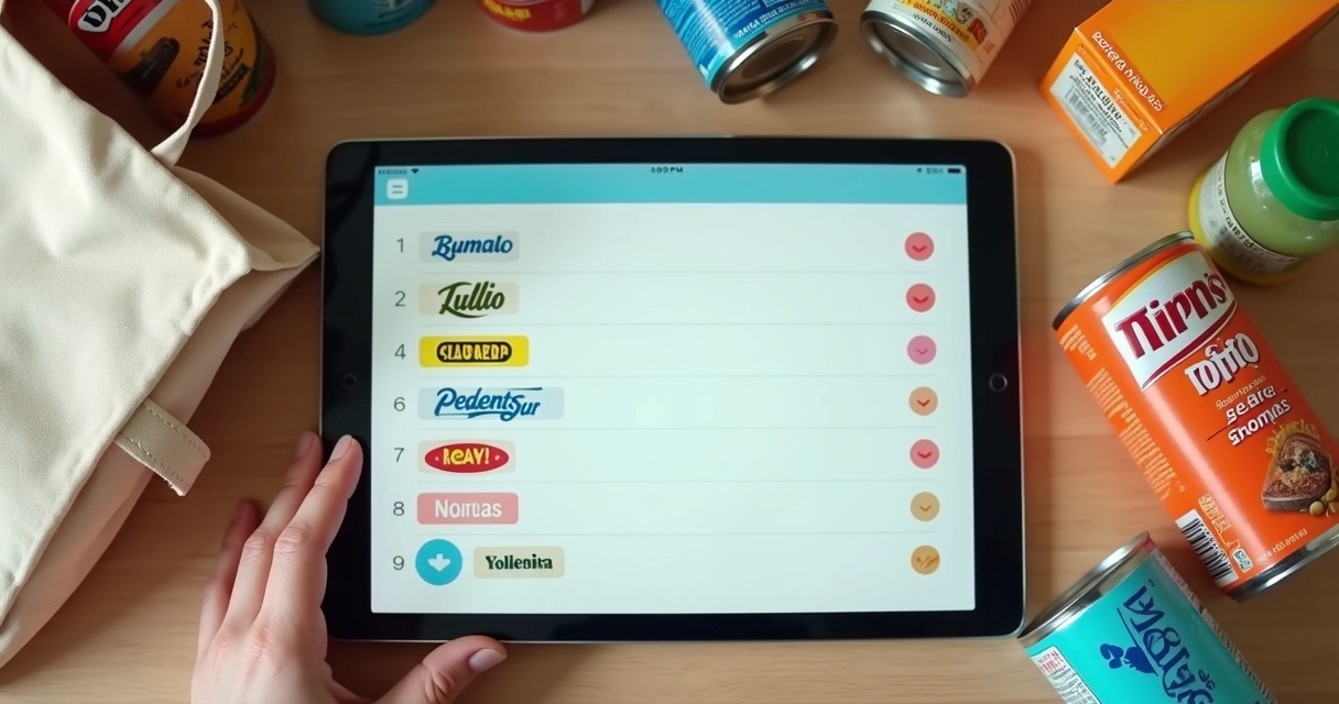 Tela de tablet com lista de compras destacando diferentes marcas de produtos lado a lado 