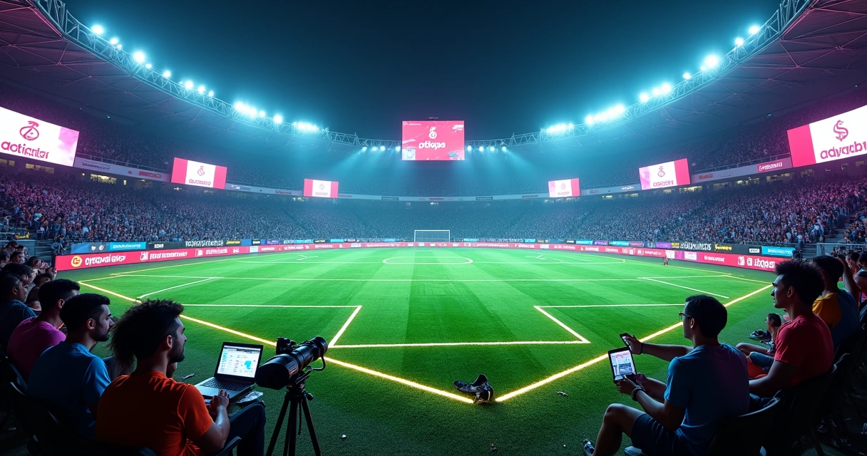 Campo de futebol estilo arena futurista com logomarcas projetadas em telões e no gramado 