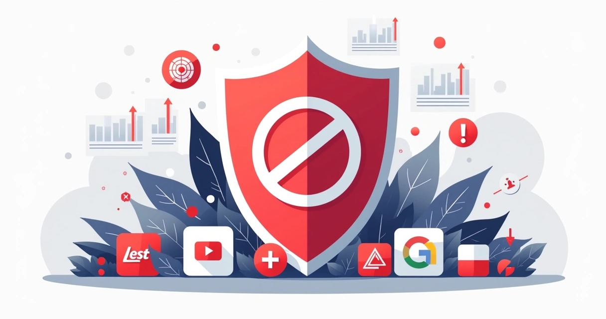 Ilustração corporativa de marcas com um escudo vermelho e símbolo de proibido bloqueando ativações restritas 