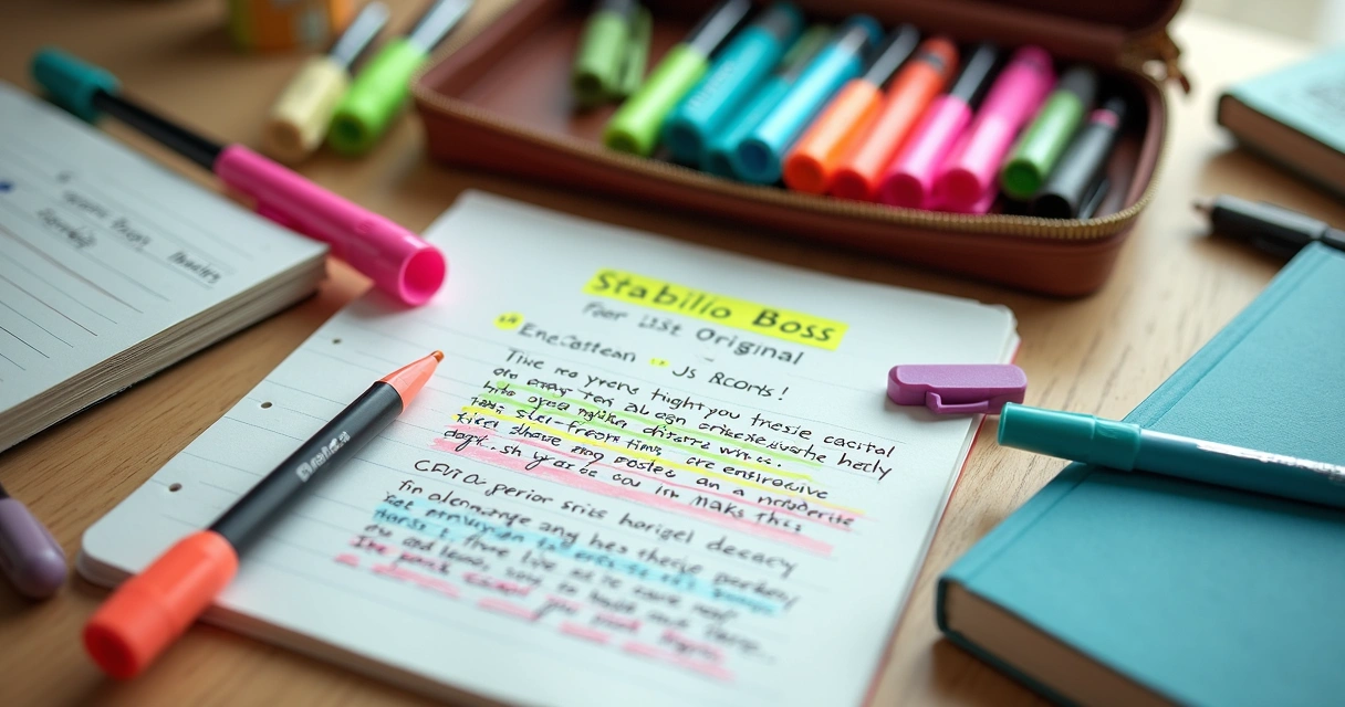 Estojo aberto com marca-textos de várias cores, Stabilo e Faber-Castell juntos na mesa