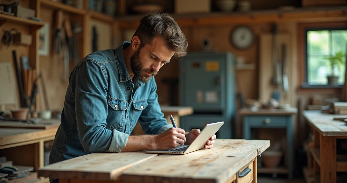 Homem usando notebook em oficina de marcenaria, ao lado de móveis sob medida 