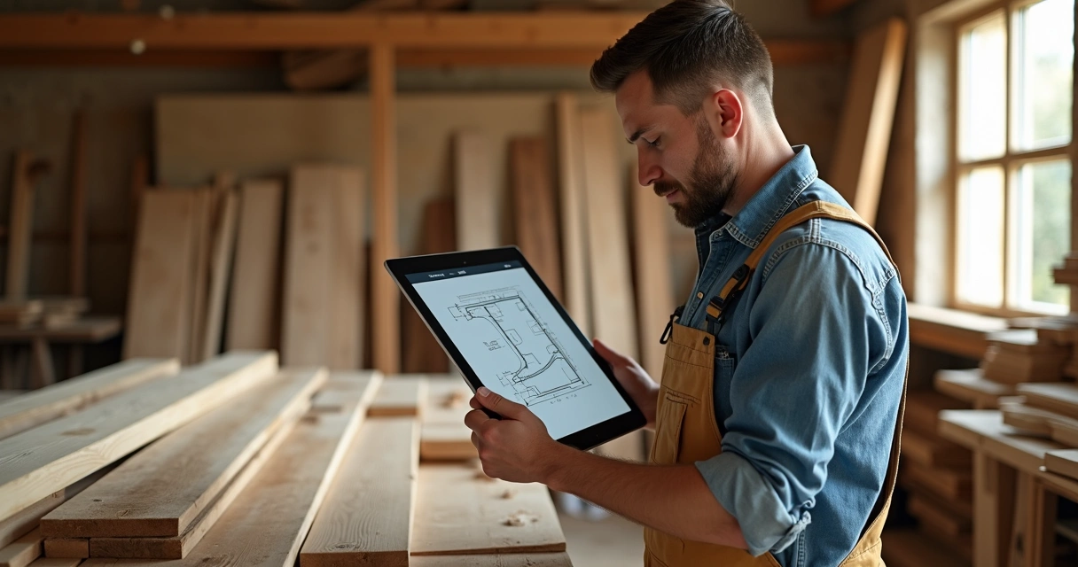 Marceneiro analisando plano de corte em tela digital na oficina 