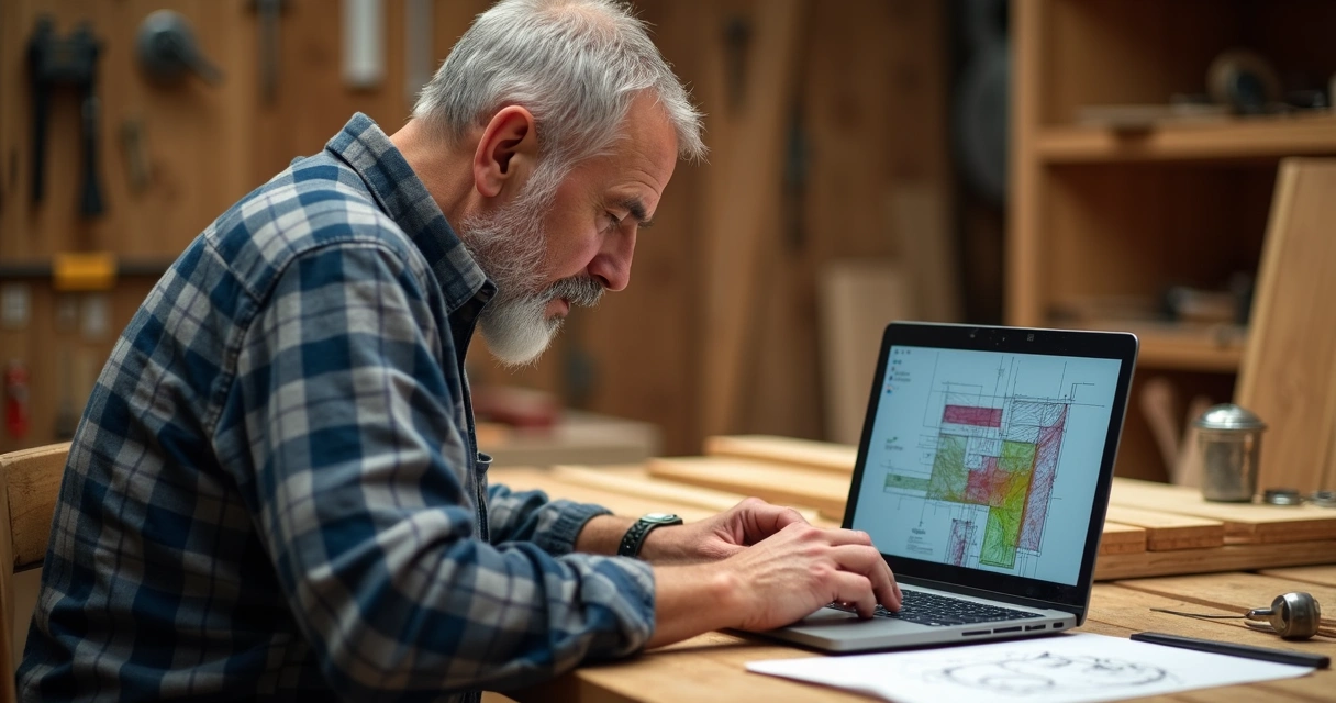 Marceneiro analisando tela de notebook com plano de corte colorido