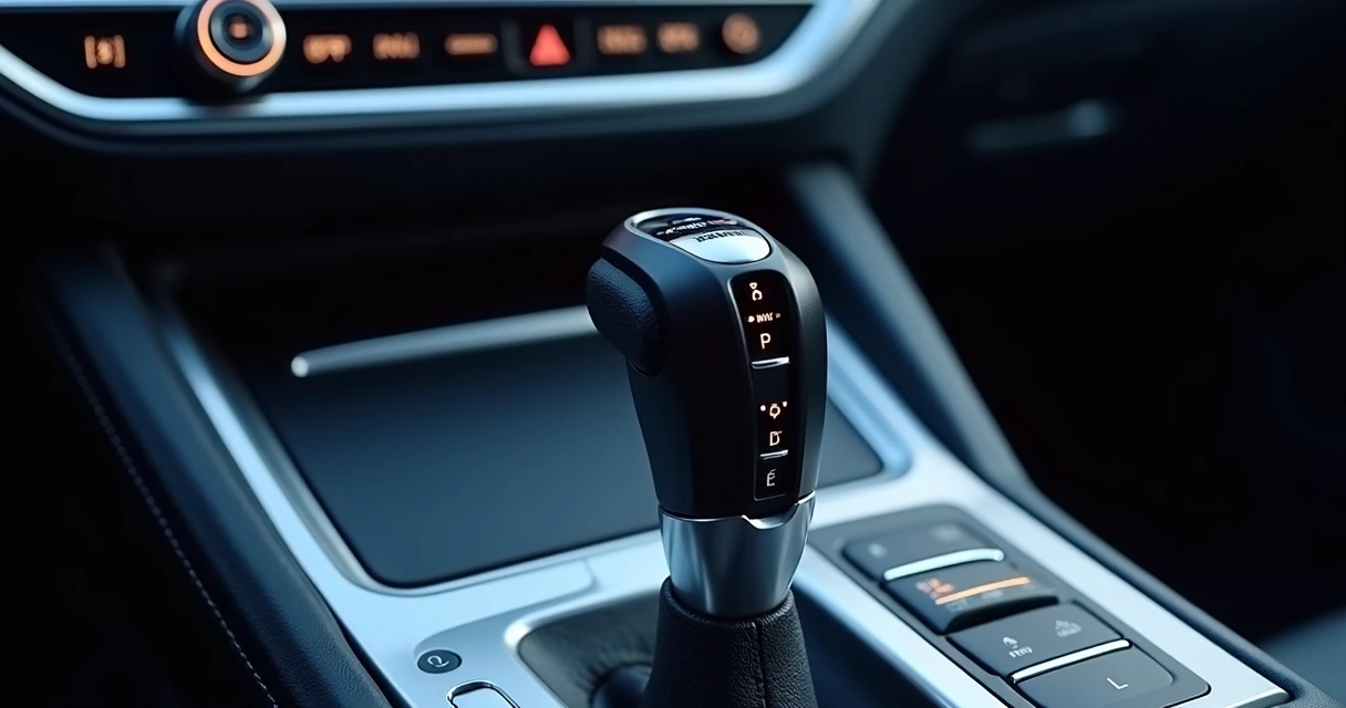 Detalhe de painel de carro mostrando alavanca de câmbio automático e sequência de posições