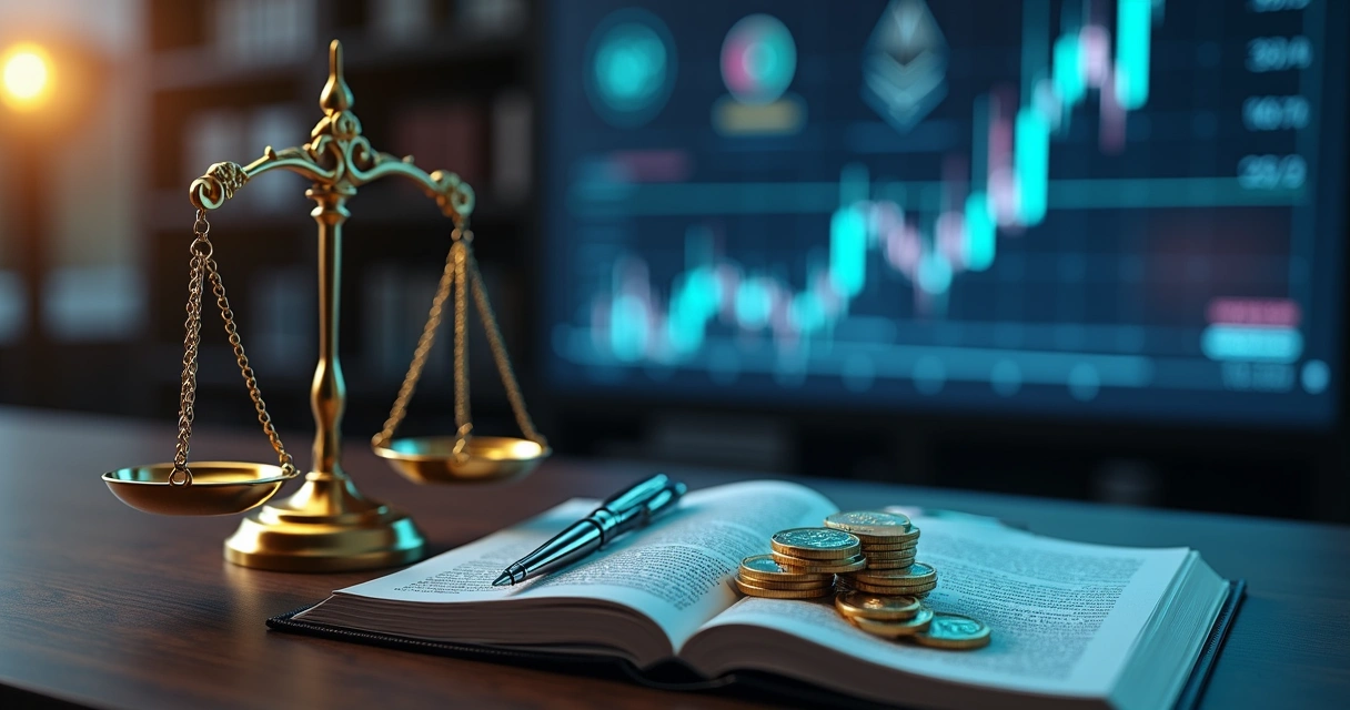 Balança de justiça dourada ao lado de moedas digitais brilhantes sobre mesa escura 