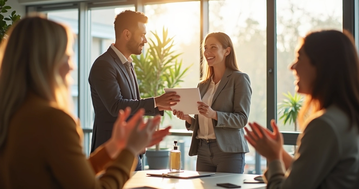 Mentorado sorrindo ao receber reconhecimento por conquista 
