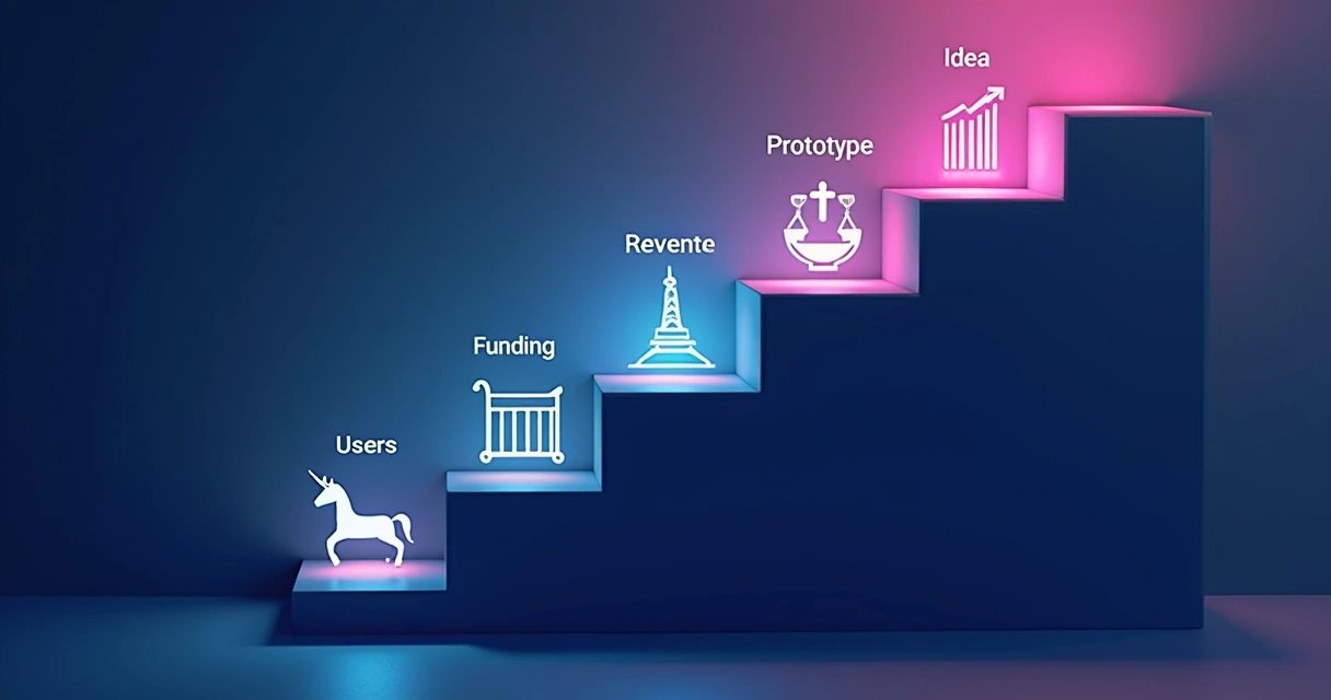 Escada com degraus marcando fases de crescimento de uma startup 