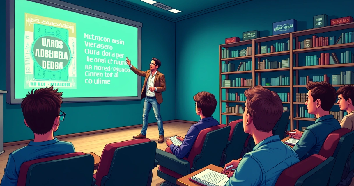 Marcos Eberlin giving a lecture in an auditorium with engaged young listeners and informative graphics.