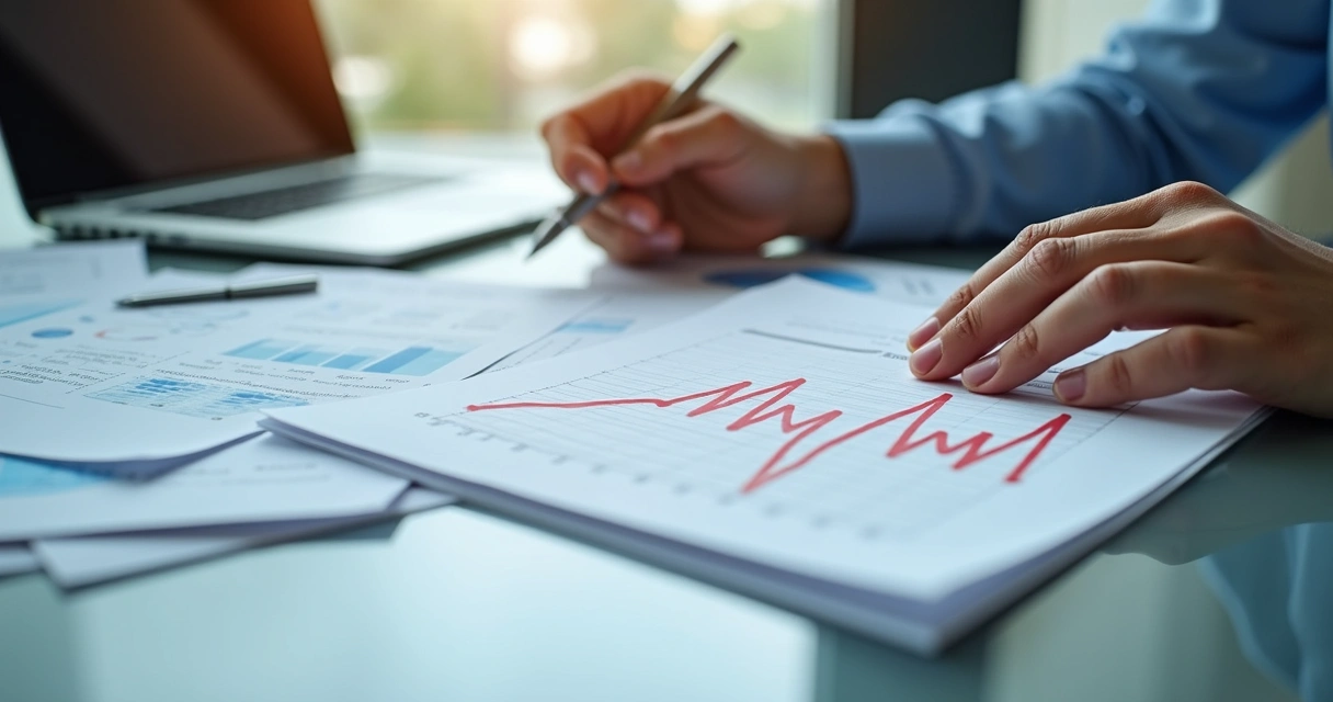 Pessoa ajustando gráfico financeiro com margem bruta em destaque 