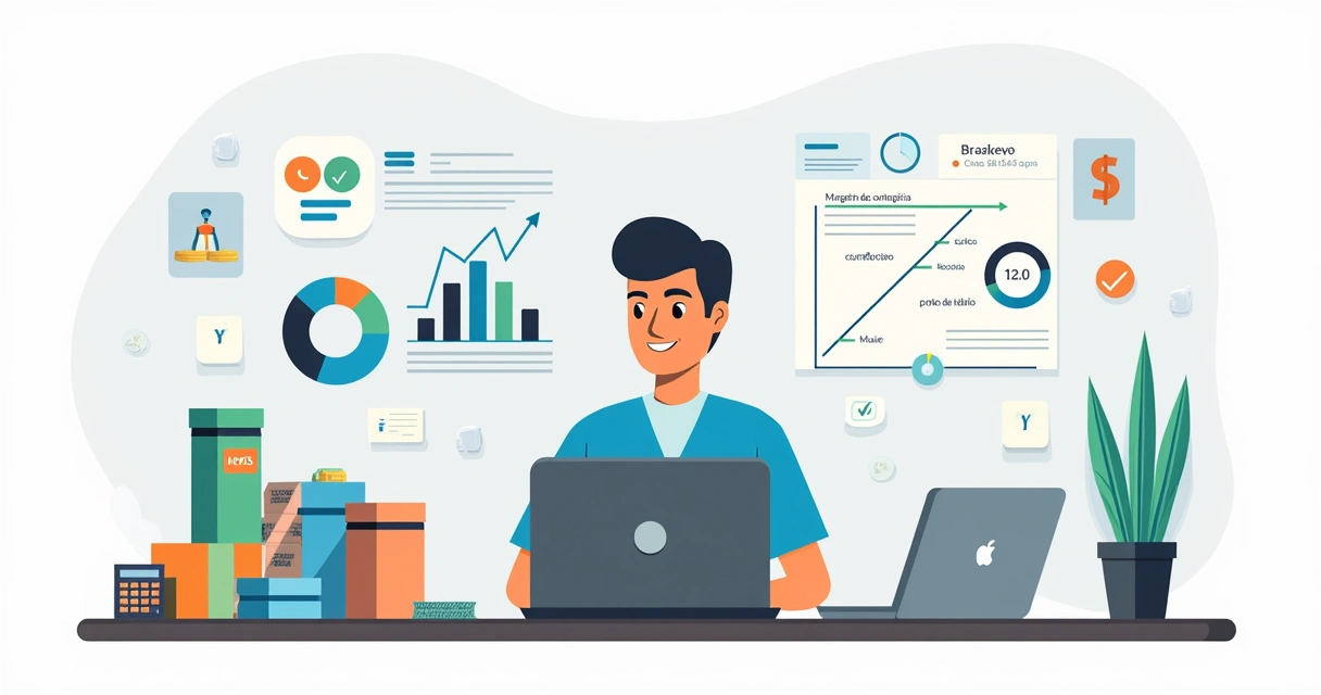 Ilustração de dono de pequena empresa analisando margem de contribuição no notebook 