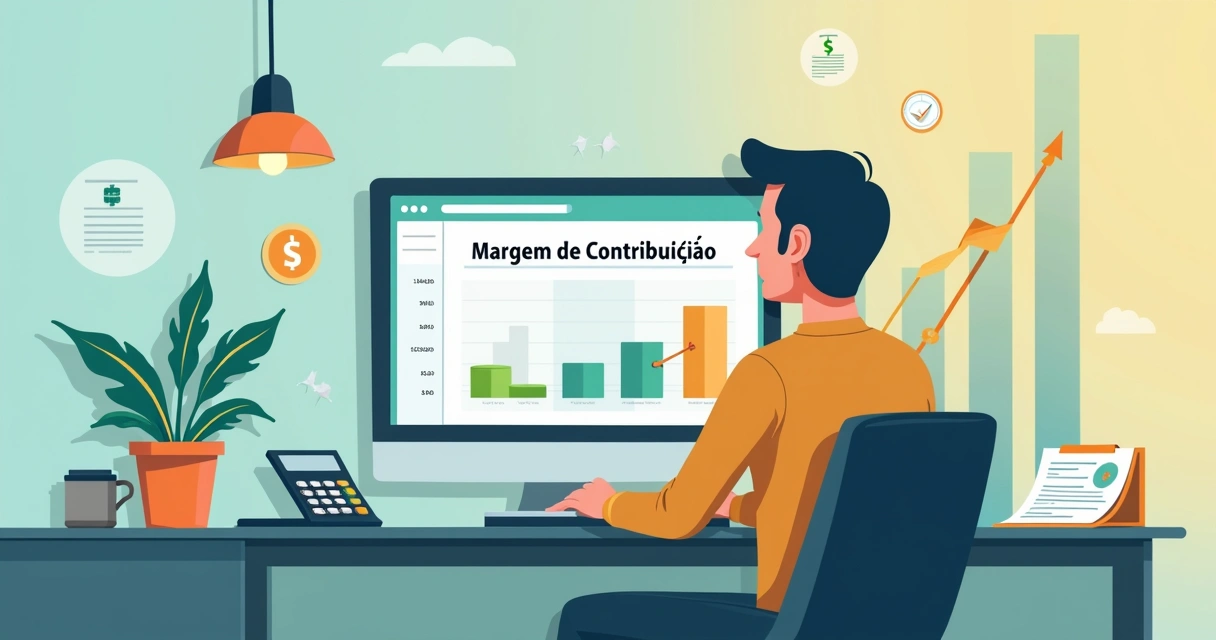 Empresário analisando gráfico de margem de contribuição no notebook 