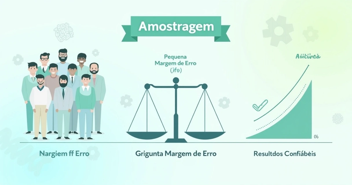 Infográfico sobre margem de erro mostrando grupos, escala de precisão e gráfico de dados.
