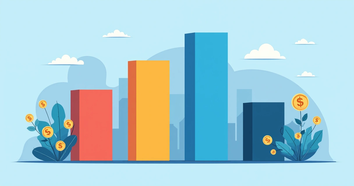 Quatro colunas coloridas representando setores – comércio, indústria, serviços, SaaS – com gráficos de lucro variando em cada um 