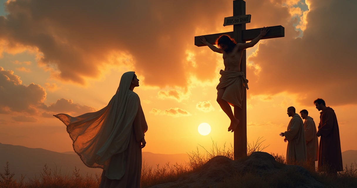 Maria aos pés da cruz, olhando para Jesus crucificado. 