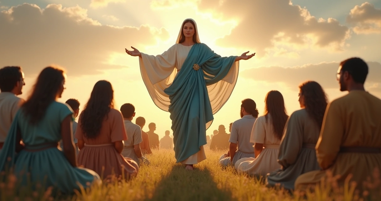 Maria com braços abertos abençoando um grupo de fiéis diversos. 