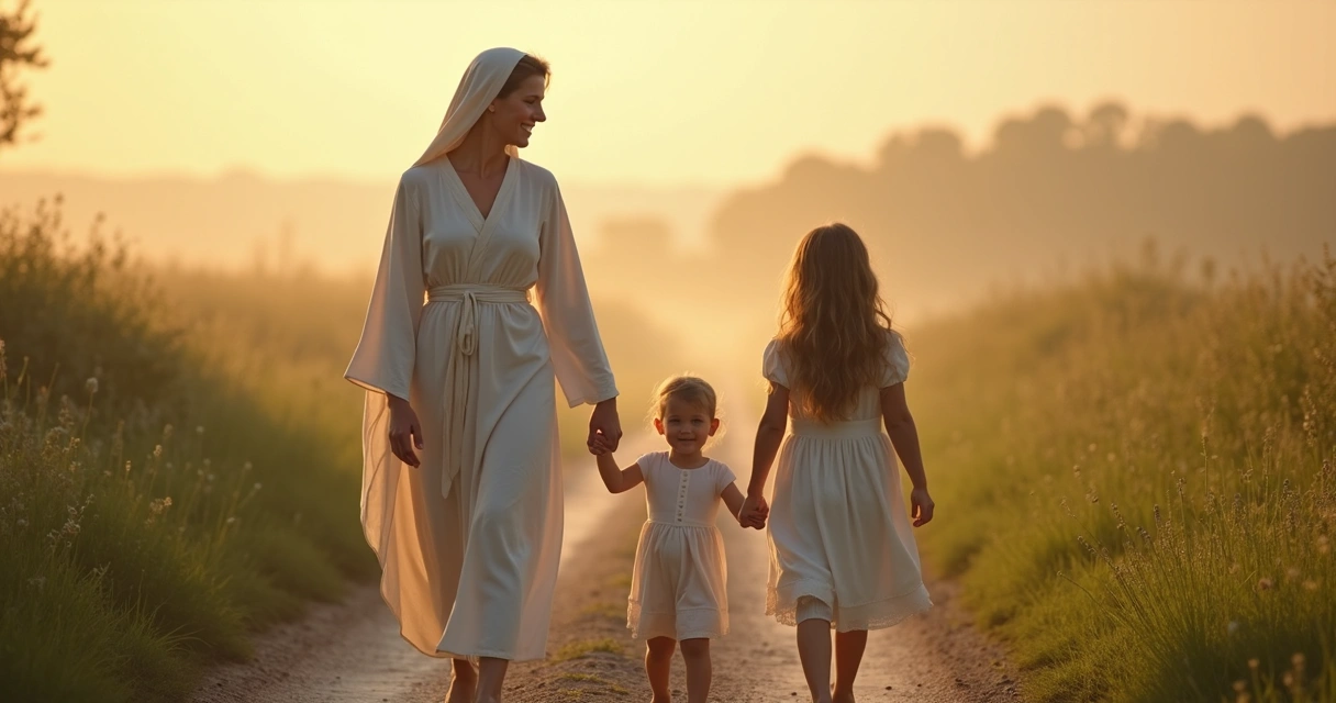 Maria de mãos dadas com criança e jovem, caminhando em estrada simples 