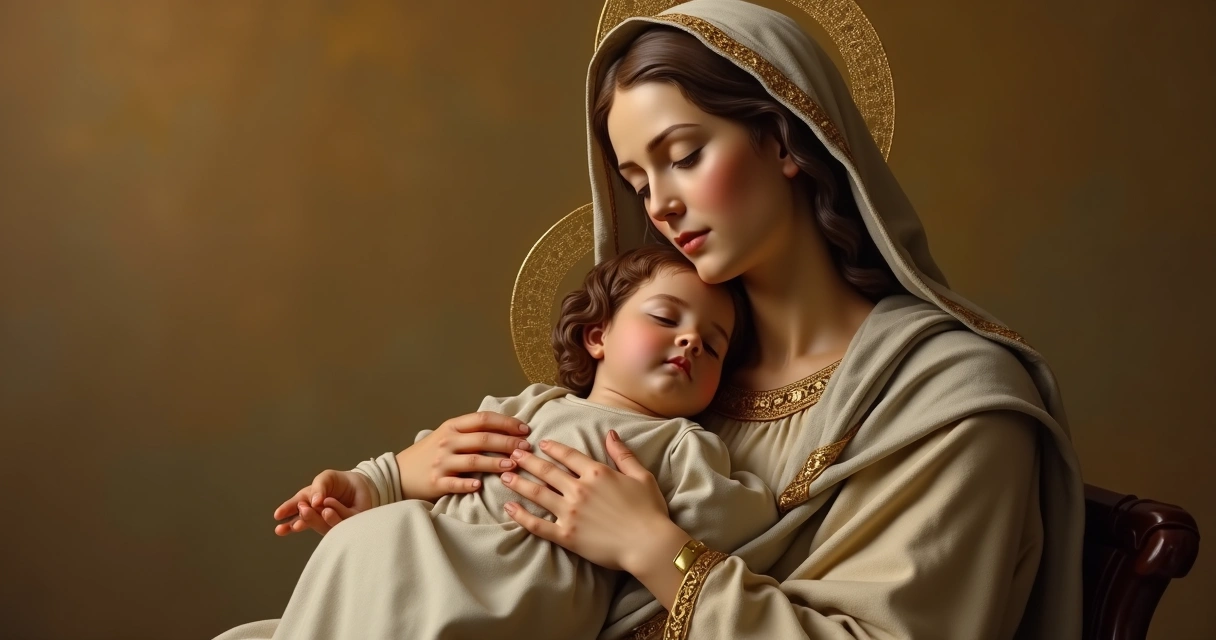 Maria segurando o Menino Jesus nos braços, cena serena, fundo dourado 