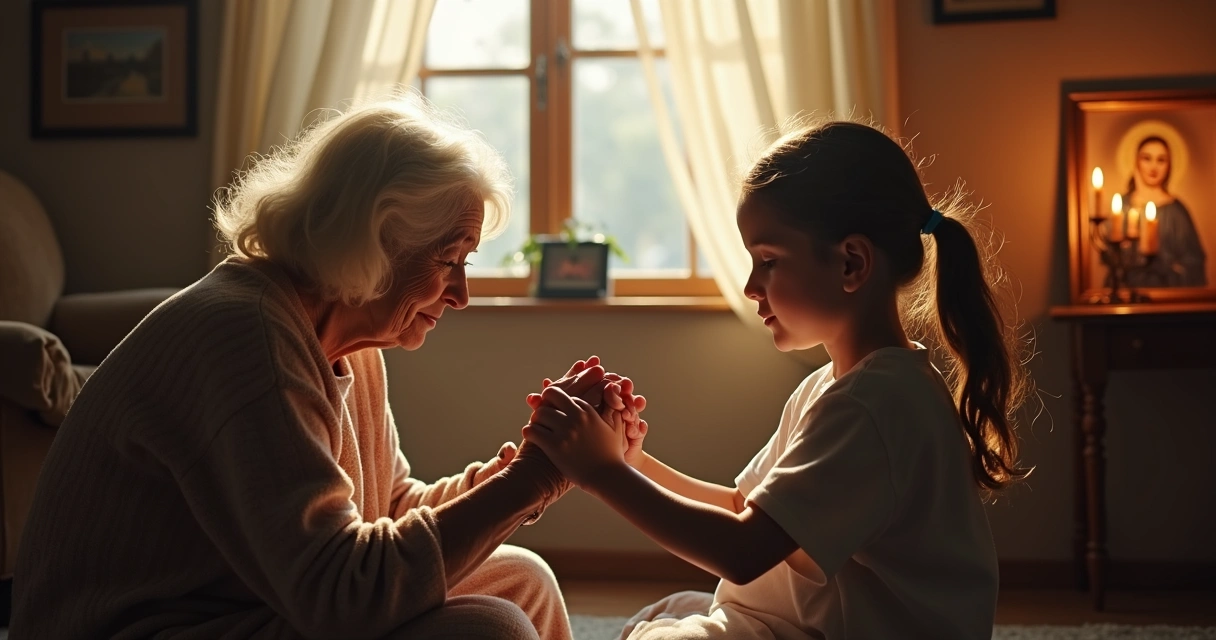 Criança de mãos dadas com avó rezando diante de estampa de Maria 