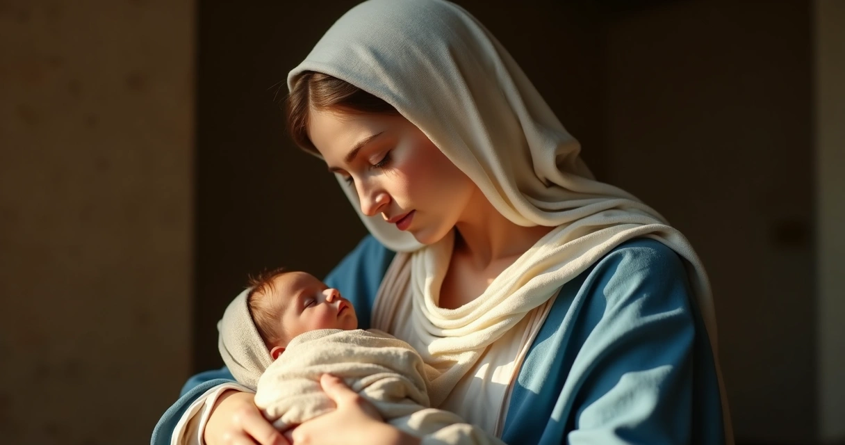 Maria segurando o menino Jesus nos braços 