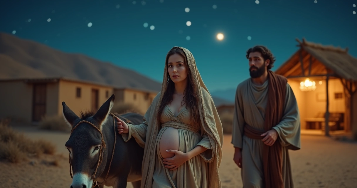 Maria mãe de Jesus com José em viagem para Belém 