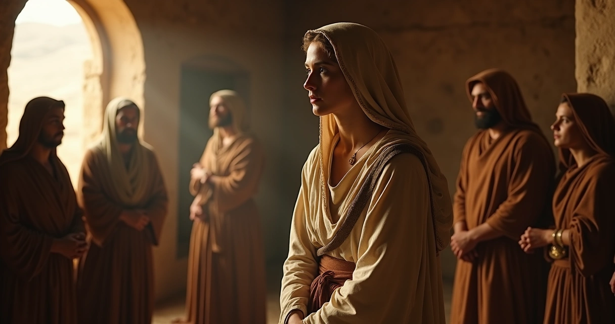 Cena representando Maria com vestes simples, em ambiente com poucas pessoas 