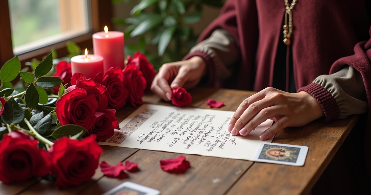 Pessoa organizando um ritual com rosas, velas e cartas 