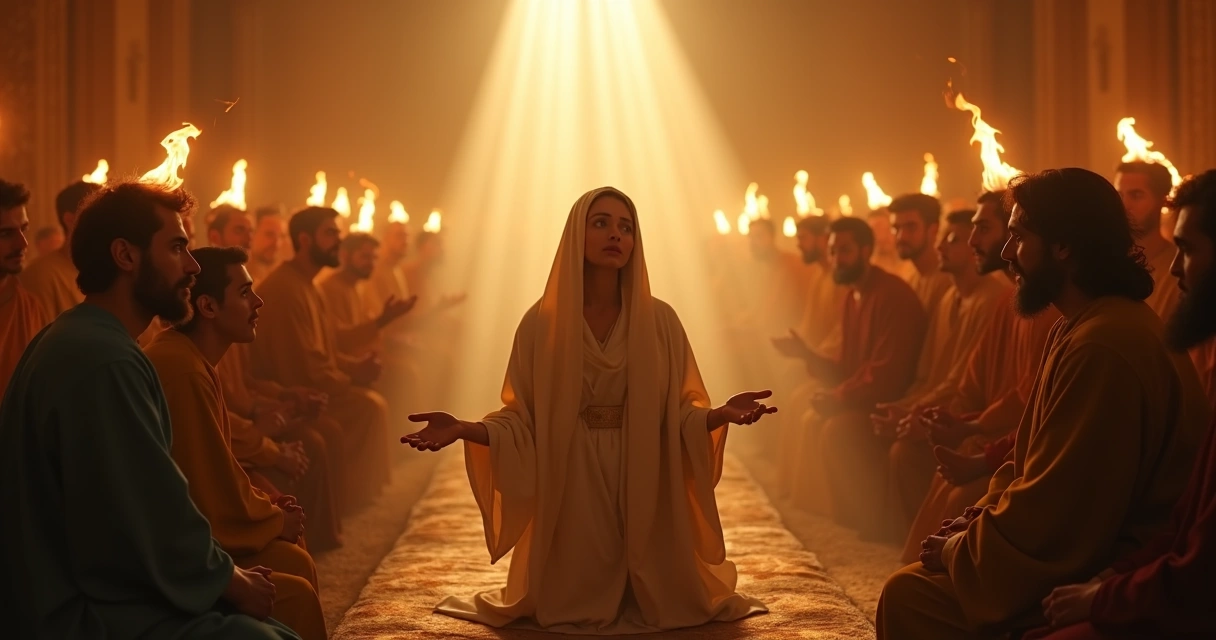 Maria rezando com os apóstolos em Pentecostes, línguas de fogo sobre todos 