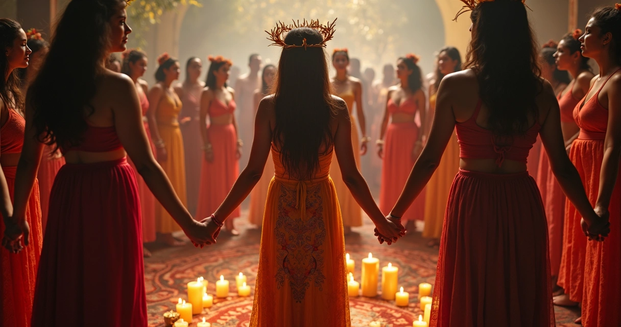 Roda de mulheres vestidas com roupas coloridas e ambiente de gira de Umbanda 