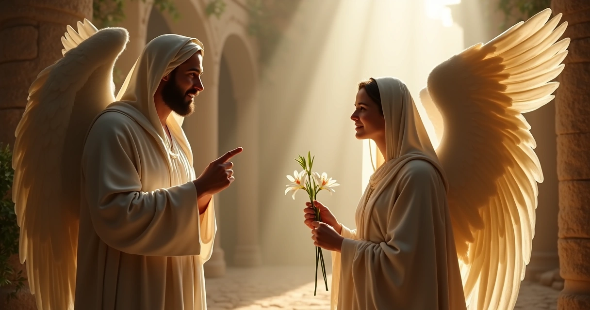 Maria recebendo a visita do anjo Gabriel sob luz celestial intensa 
