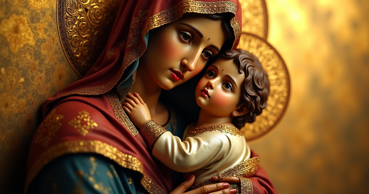 Ícone de Maria segurando Jesus, fundo dourado, estilo religioso 