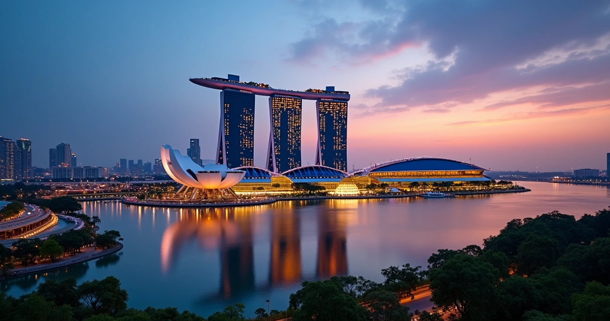 Vista panorâmica do Marina Bay Sands ao entardecer com a baía iluminada e arranha-céus modernos ao redor 