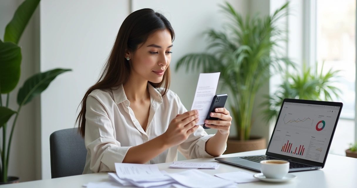 Mulher sentada à mesa capturando recibo com celular ao lado de notebook aberto
