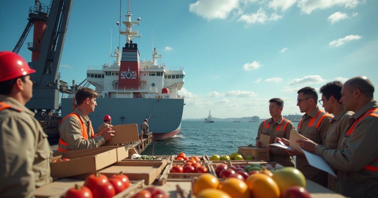 Crew receiving ship provisions on deck