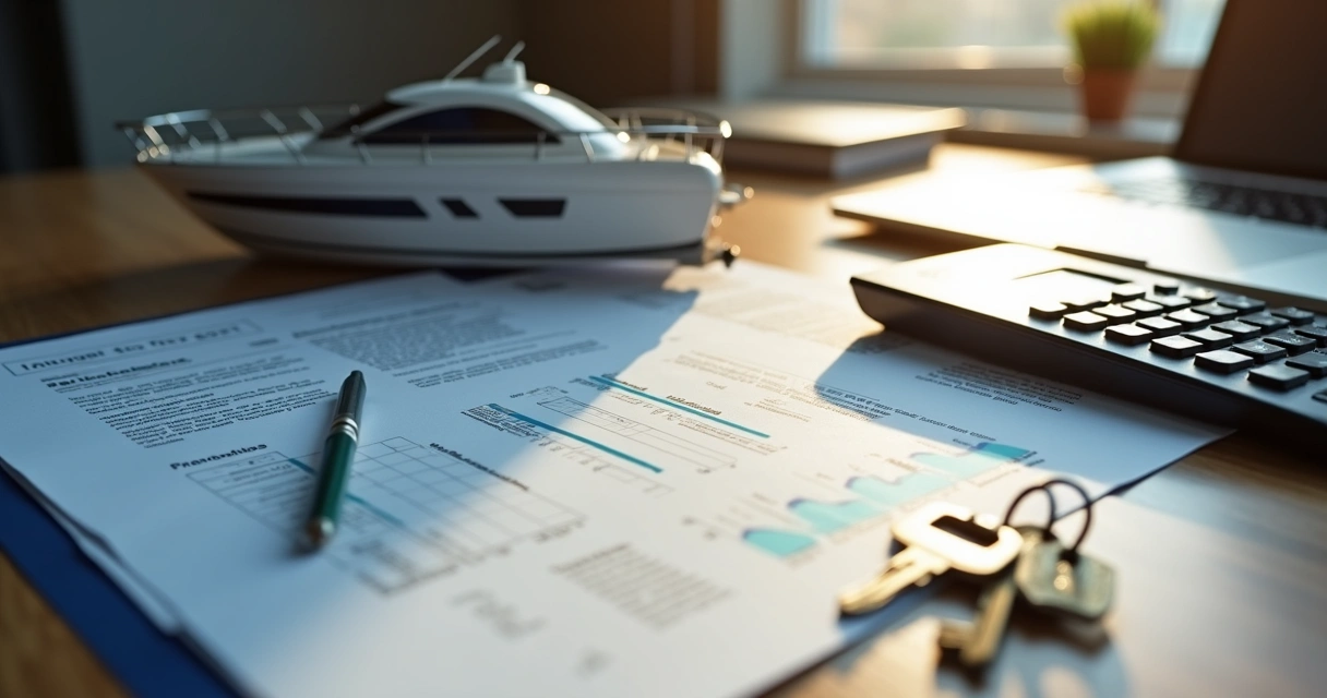 Boat loan paperwork and calculator on desk 