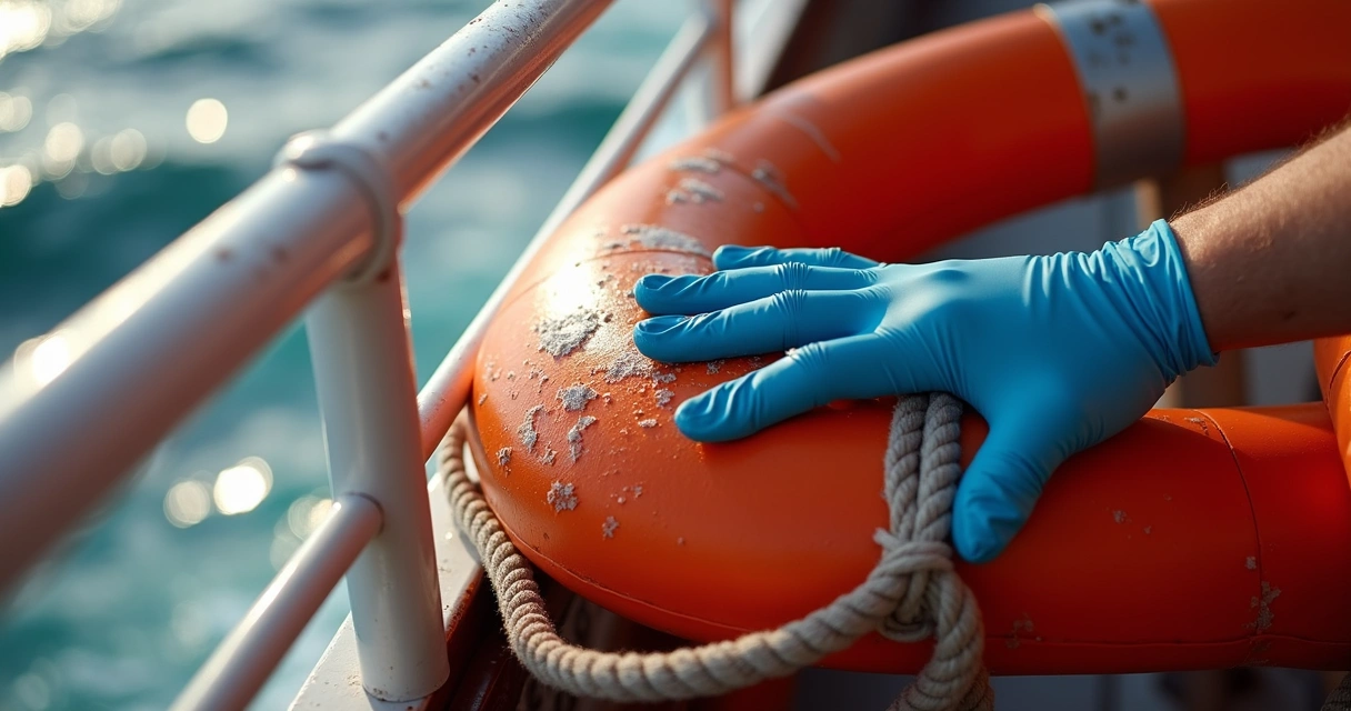 Crew member cleaning a lifebuoy with a brush near the ship's rail 