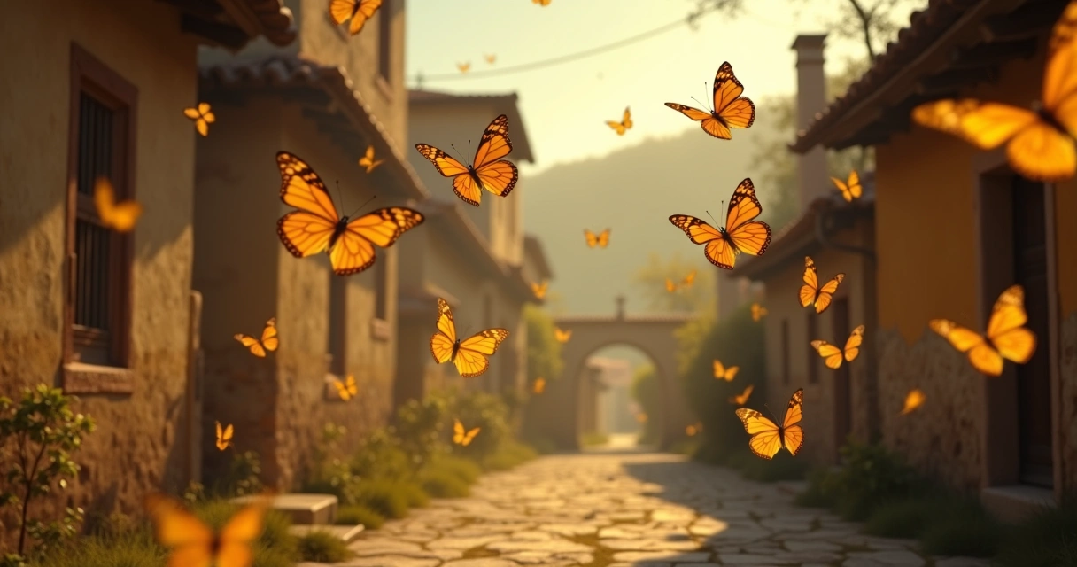 Mariposas amarillas volando en un ambiente de realismo mágico. 