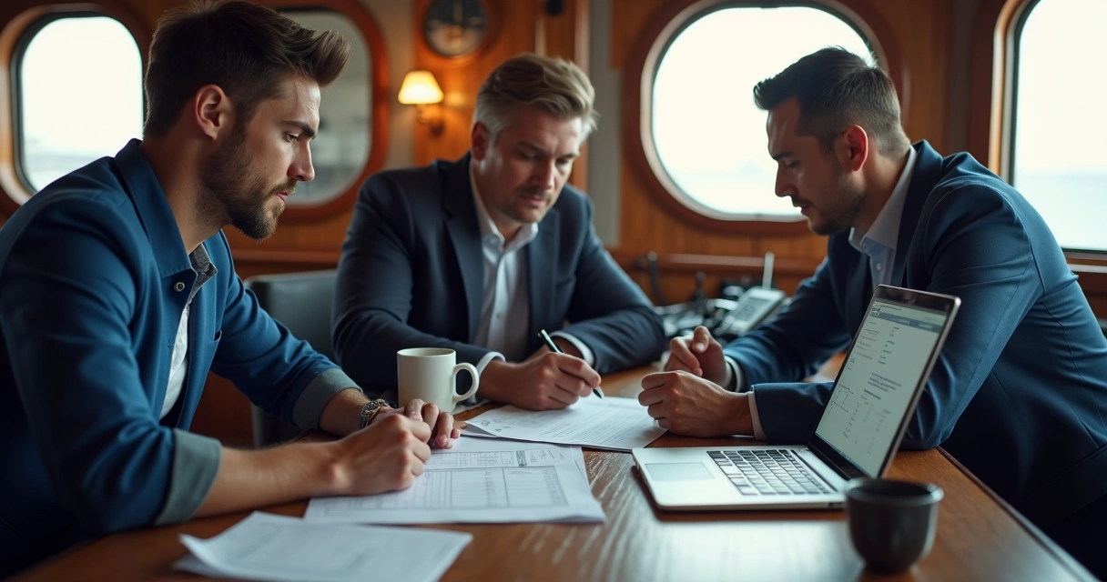 Crew using a laptop and printed template checklist at a ship's meeting table. 
