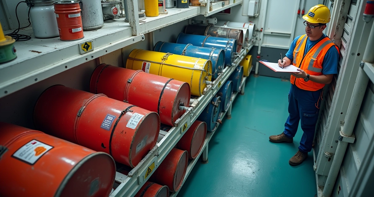 Color-coded barrels of paint and lubricant stored separately on a ship deck 