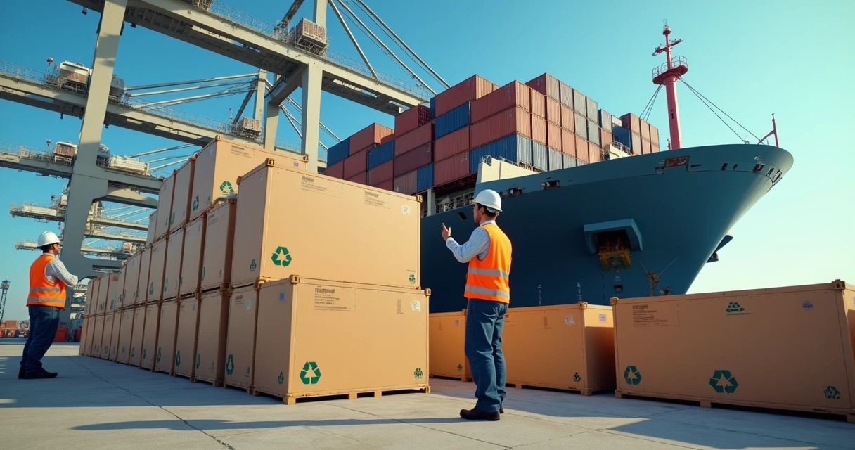 Stacked standardized cargo boxes being loaded onto a ship with workers overseeing