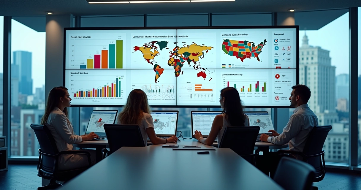 Business people analyzing market data charts on digital screens
