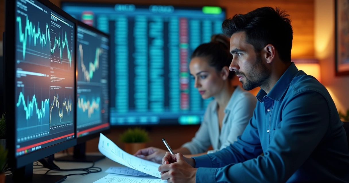Two traders, one checking analytics on a screen, the other studying market reports at a desk 