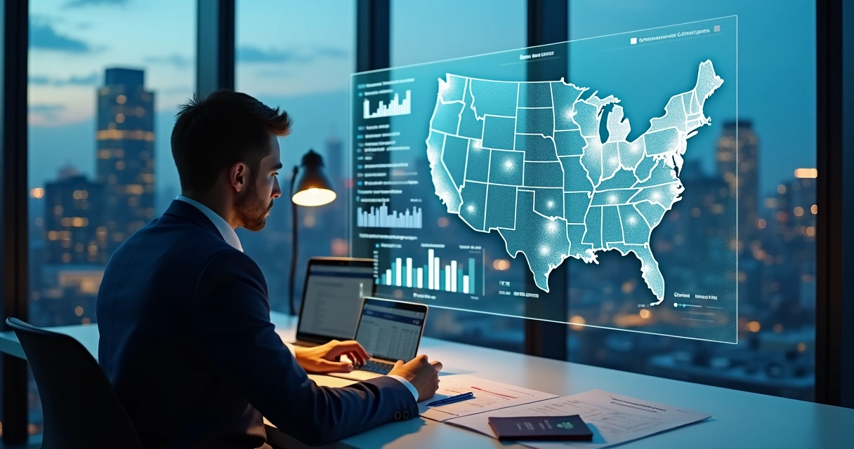 Analyst studying U.S. immigration business market data on large transparent screen