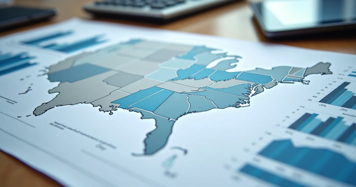 Regional market map with charts on a desk 
