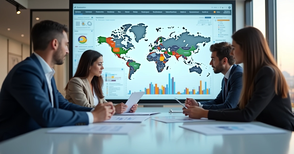 Group of professionals discussing charts and graphs in an office