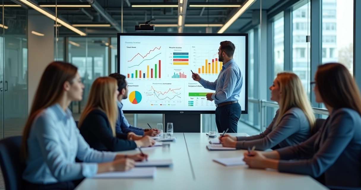 Professional presenting market analysis charts on screen