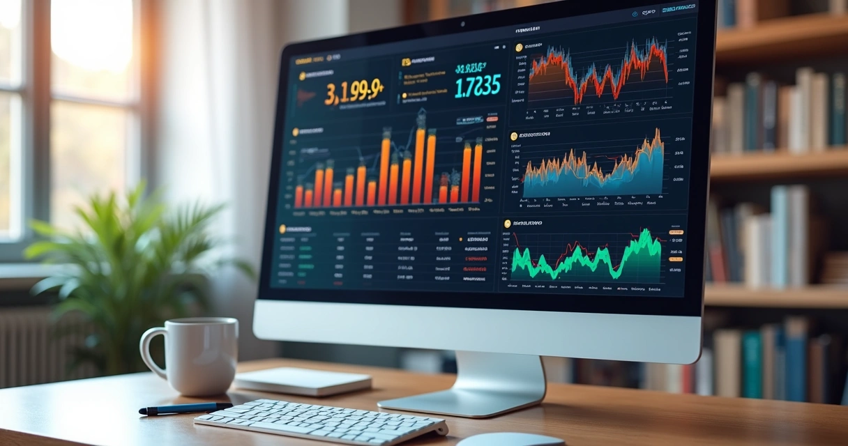 Market analysis stats on a computer screen with financial charts 