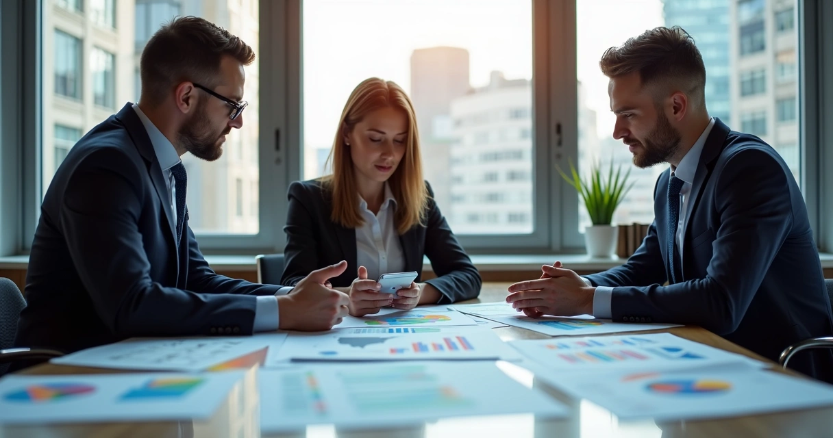 Business professionals reviewing charts and market reports on a table