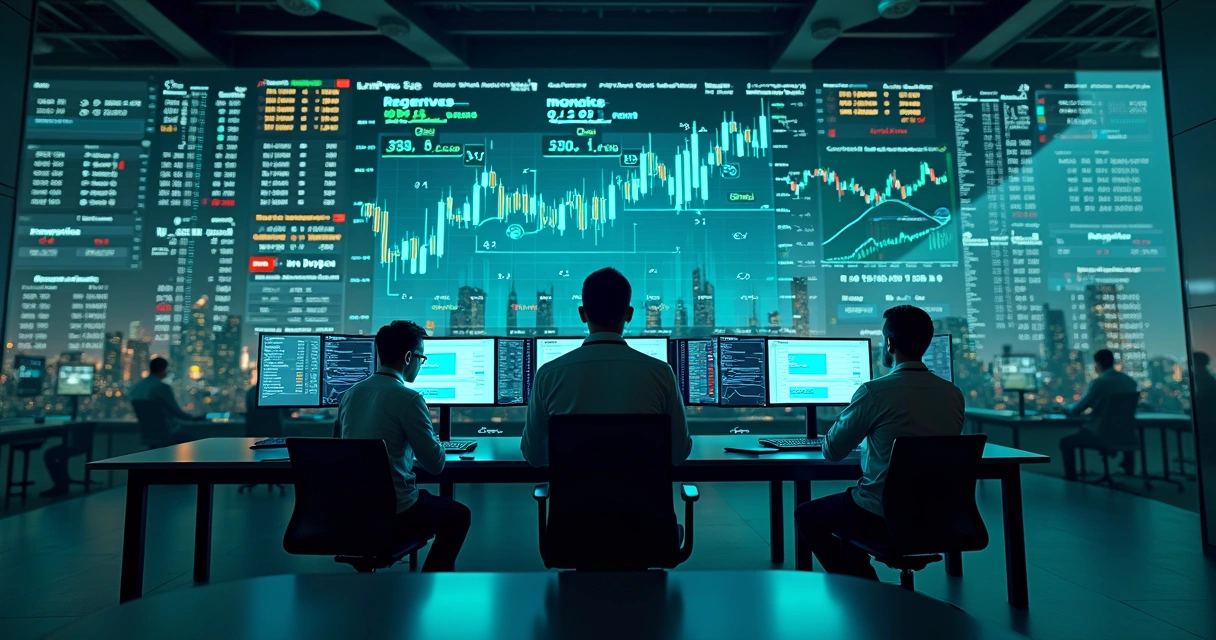 Ambiente financeiro com tela mostrando gráficos e negociações em bolsas de valores e criptomoedas 